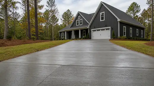Freshly poured concrete driveway still curing, dark and damp at a charcoal farmhouse-modern home in Savannah, GA, under bright midday cloud.
