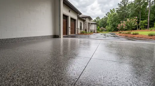 Epoxy-coated garage floor with speckled grey and charcoal flakes in Savannah, GA, after a rain shower.