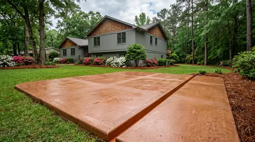 Concrete patio in terracotta integral colour running full depth at a grey split-level home in Savannah, GA, after a rain shower.