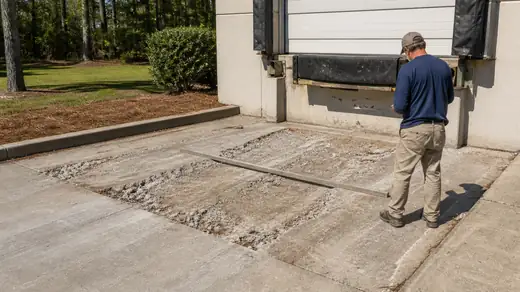 Loading dock apron inspected where truck traffic has broken the slab in Savannah, GA, in clear late-morning sun.