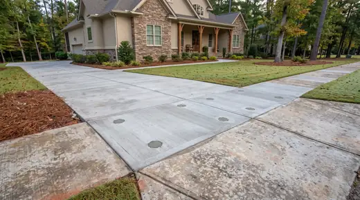 Concrete slab leveled with small patched holes from mudjacking at a stacked-stone and stucco home in Savannah, GA, in early morning light.