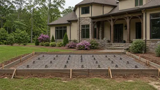 Patio forms squared up with reinforcing mesh on chairs at a stacked-stone and stucco home in Savannah, GA, under an overcast sky.