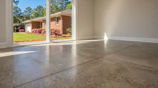 Polished concrete floor with a satin sheen in a finished interior room at a red-brick ranch home in Savannah, GA, in clear late-morning sun.