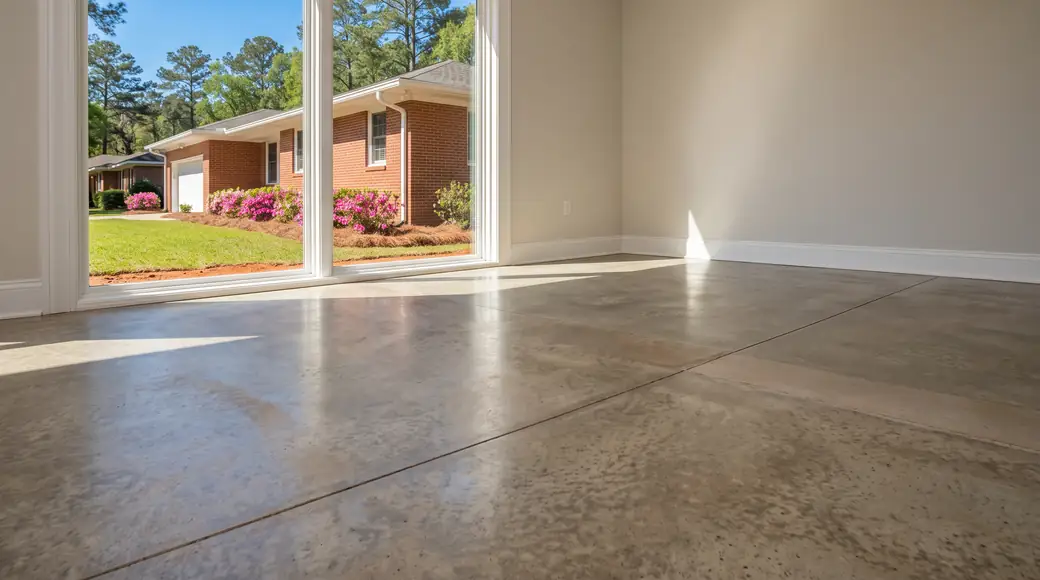 Polished concrete floor with a satin sheen in a finished interior room at a red-brick ranch home in Savannah, GA, in clear late-morning sun.