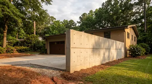 Tall poured concrete basement wall with snap-tie holes visible at a buff-brick ranch home in Savannah, GA, in late afternoon light.