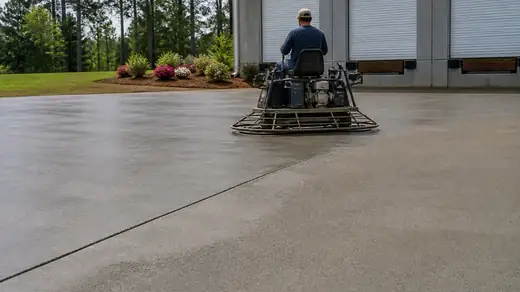 Dock slab power-trowelled to a hard dense surface in Savannah, GA, under bright midday cloud.