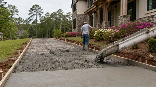 Concrete coming down the chute into formed driveway bays at a stacked-stone and stucco home in Savannah, GA, under bright midday cloud.