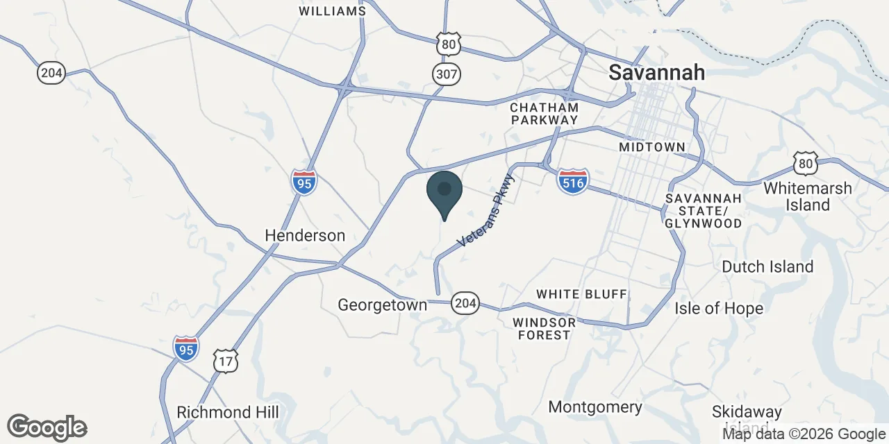 Map of the Savannah, GA service area covered by Savannah Precision Concrete.