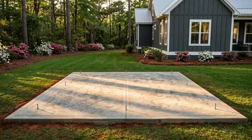 Small square concrete pad poured for a storage shed, anchor bolts set at a charcoal farmhouse-modern home in Savannah, GA, in late afternoon light.