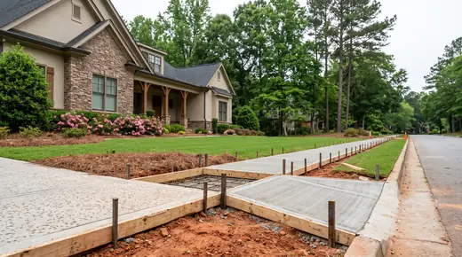 New concrete sidewalk being formed along a street with a driveway ramp at a stacked-stone and stucco home in Savannah, GA, under an overcast sky.