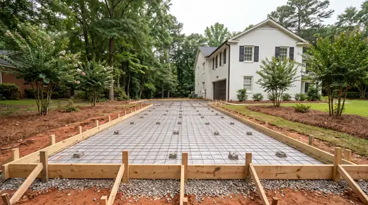 Concrete slab area formed and prepped, wire mesh set before the pour at a painted-white-brick two-story home in Savannah, GA, under an overcast sky.