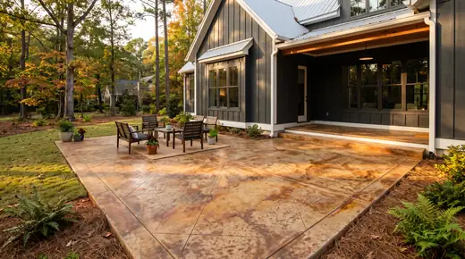Acid-stained concrete patio in mottled earth tones at a charcoal farmhouse-modern home in Savannah, GA, in late afternoon light.