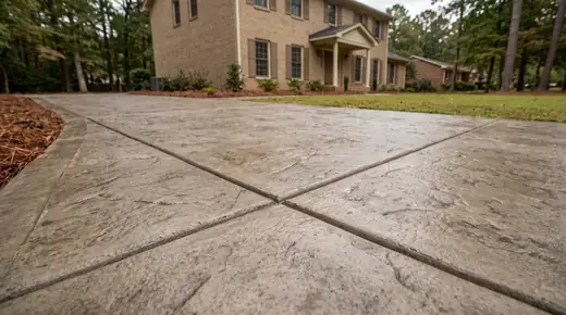 Close-up of stamped concrete texture and hand-tooled joint lines at a tan-brick colonial in Savannah, GA, after a rain shower.