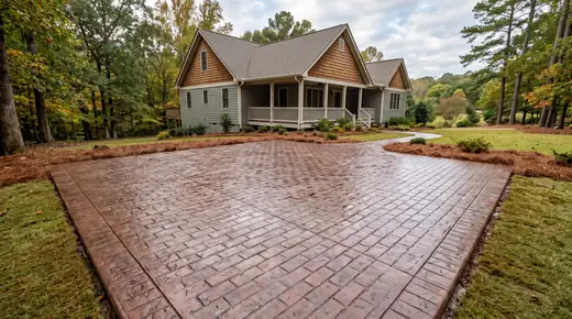 Stamped concrete patio in a running-bond brick pattern at a grey split-level home in Savannah, GA, after a rain shower.