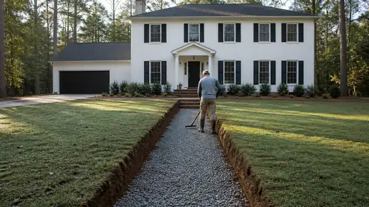 Front walkway removed and the trench squared out for a new pour at a painted-white-brick two-story home in Savannah, GA, in early morning light.