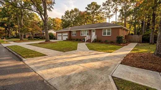 Concrete walkways connecting a driveway, front door and side gate at a red-brick ranch home in Savannah, GA, in late afternoon light.
